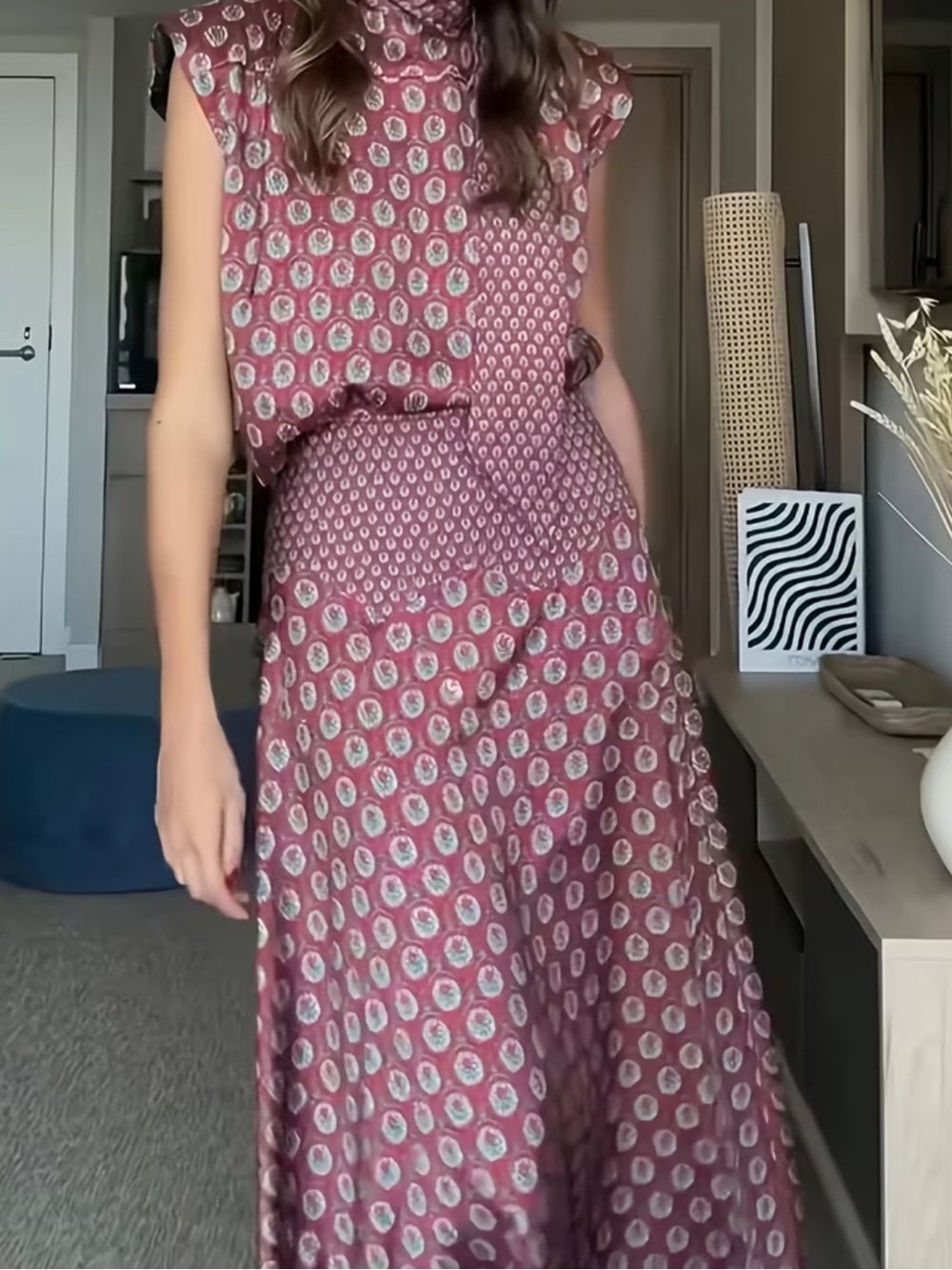 Vintage Polka Dot Print Sleeveless 2pcs Set: Ribbon High Neck Loose Top + High